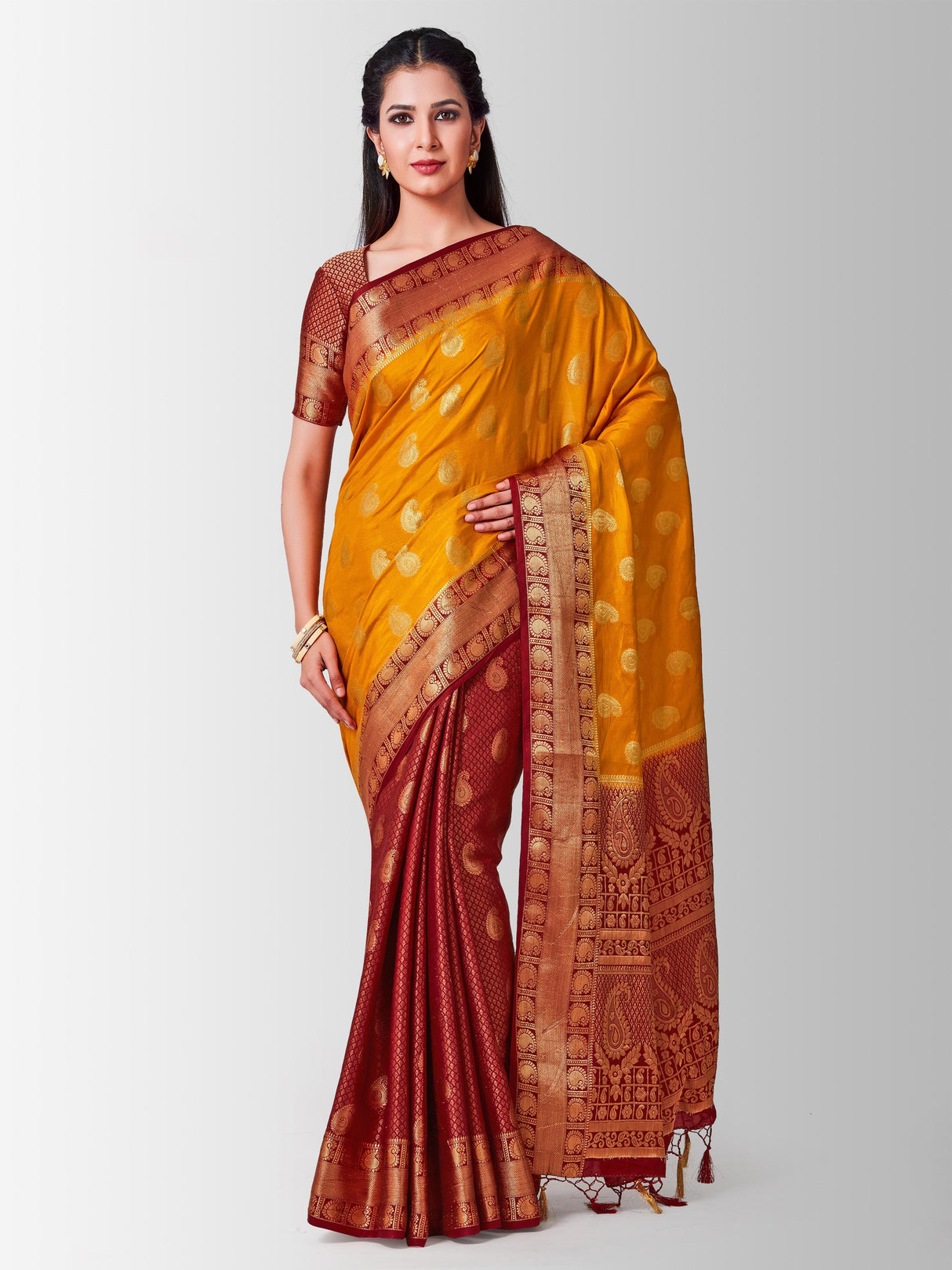 Mimosa Womens Art Silk Saree Kanjivaram Mustard Color