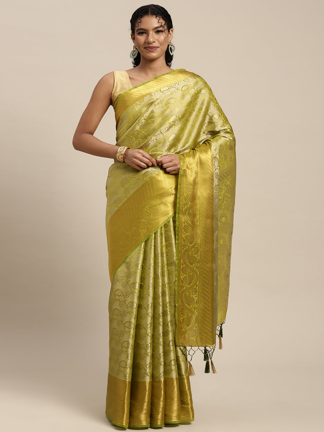 Mimosa Womens Art Silk Saree Kanjivaram Olive Color