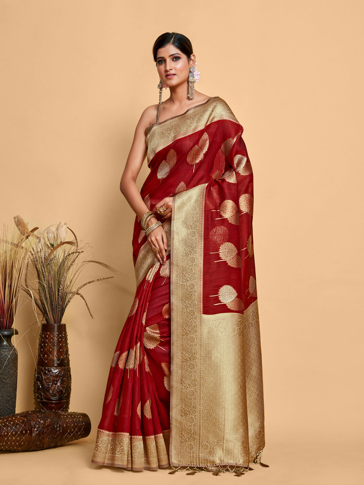 Mimosa Women's Woven Design Kanjivaram Linen Saree With Blouse Piece : SA00001234MRFREE