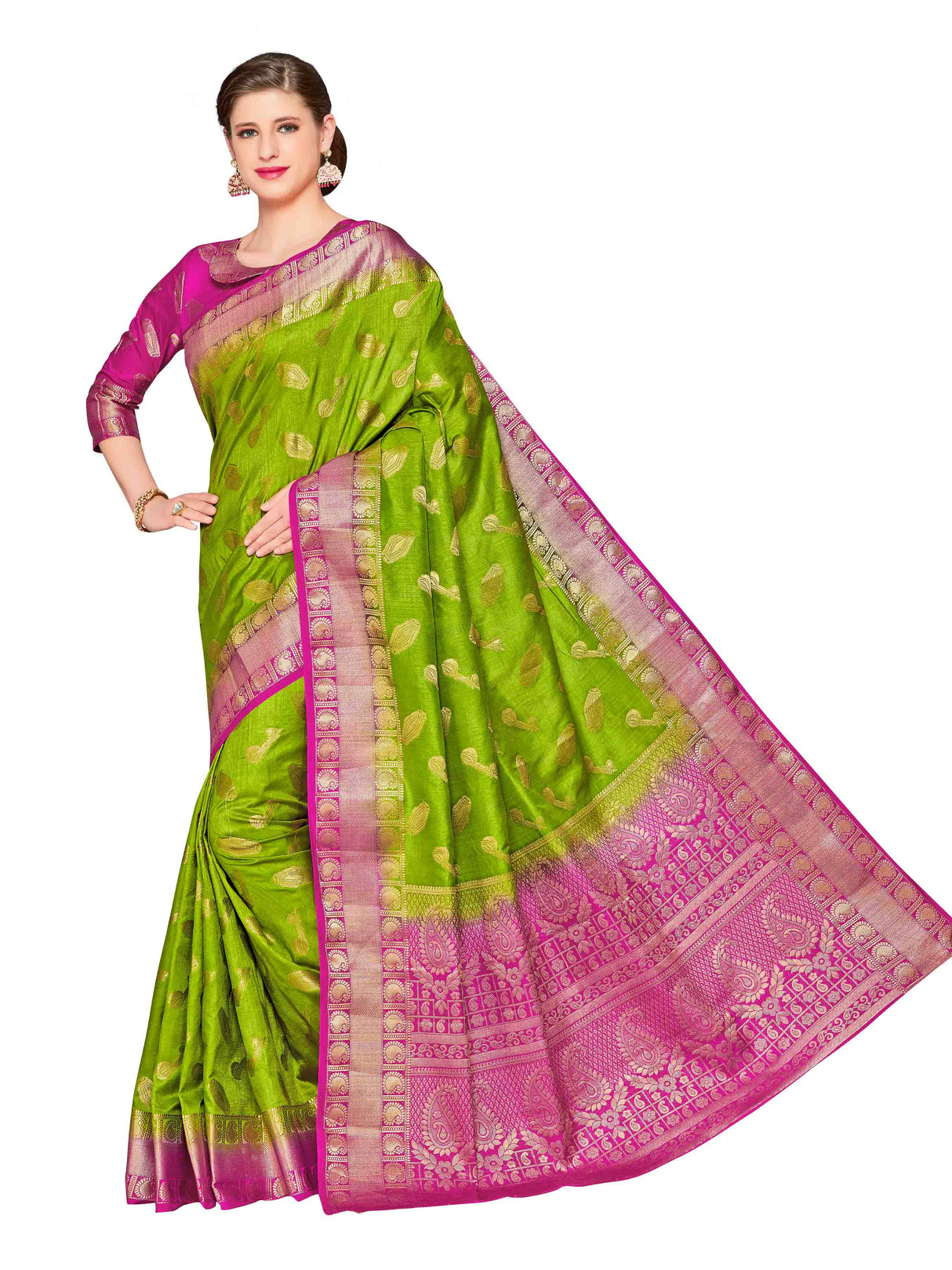 Mimosa Womens Art Silk Saree Kanjivaram Olive Color