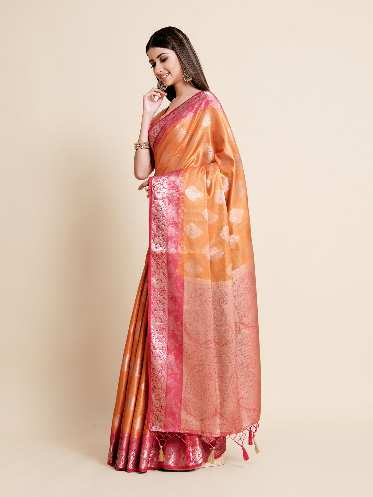 Mimosa Womens Art Silk Saree Kanjivaram Peach Color