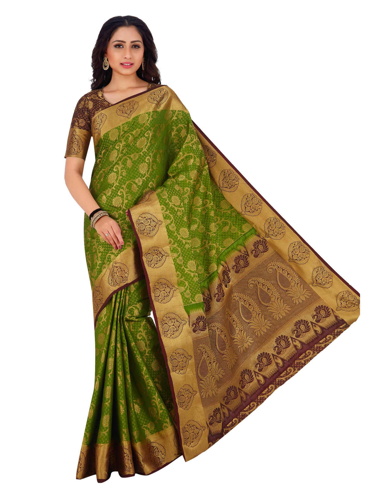 Mimosa Womens Art Silk Saree Kanjivaram Olive Color