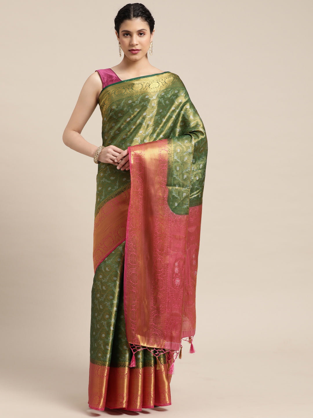 Mimosa Womens Art Silk Saree Kanjivaram Green Color