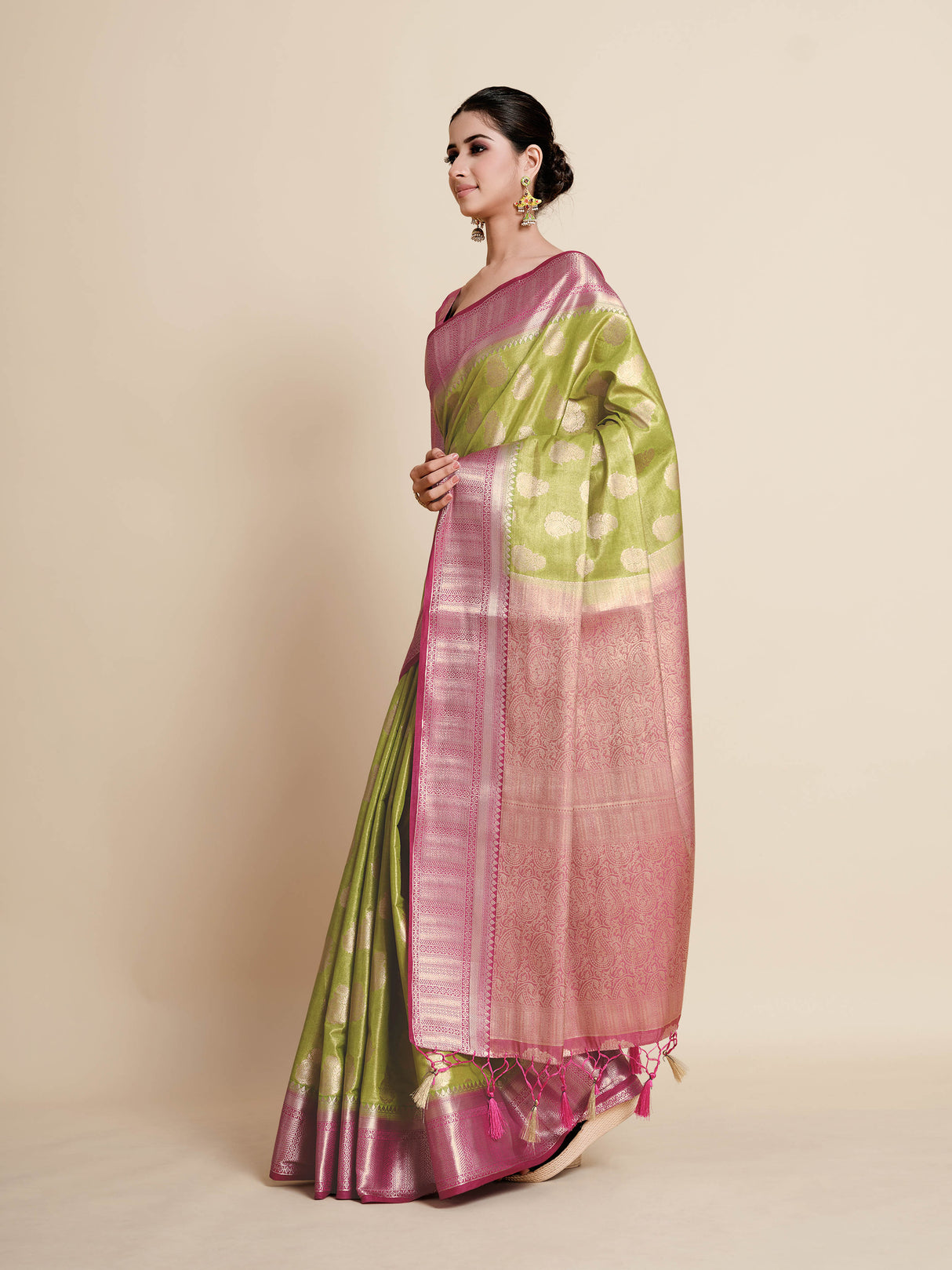 Mimosa Womens Art Silk Saree Kanjivaram Olive Color