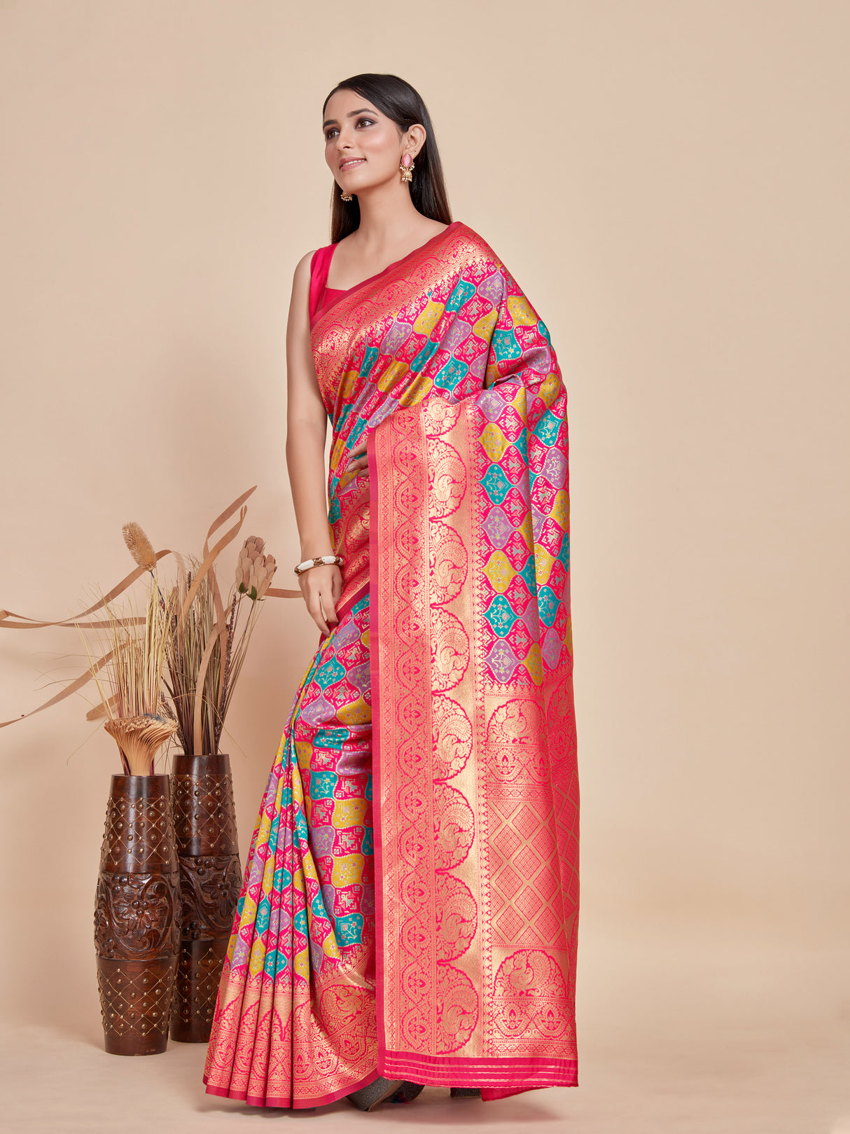 Mimosa Women's Woven Design Patola Style Art Silk Saree With Blouse Piece : SA00001343PNKFREE