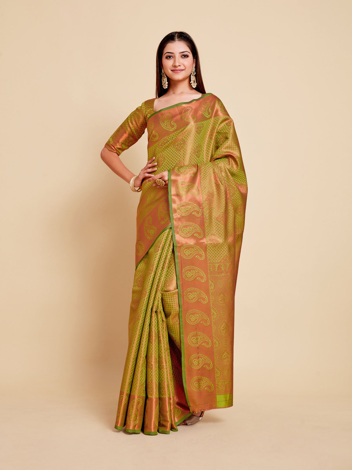 Mimosa Womens Art Silk Saree Kanjivaram Olive Color