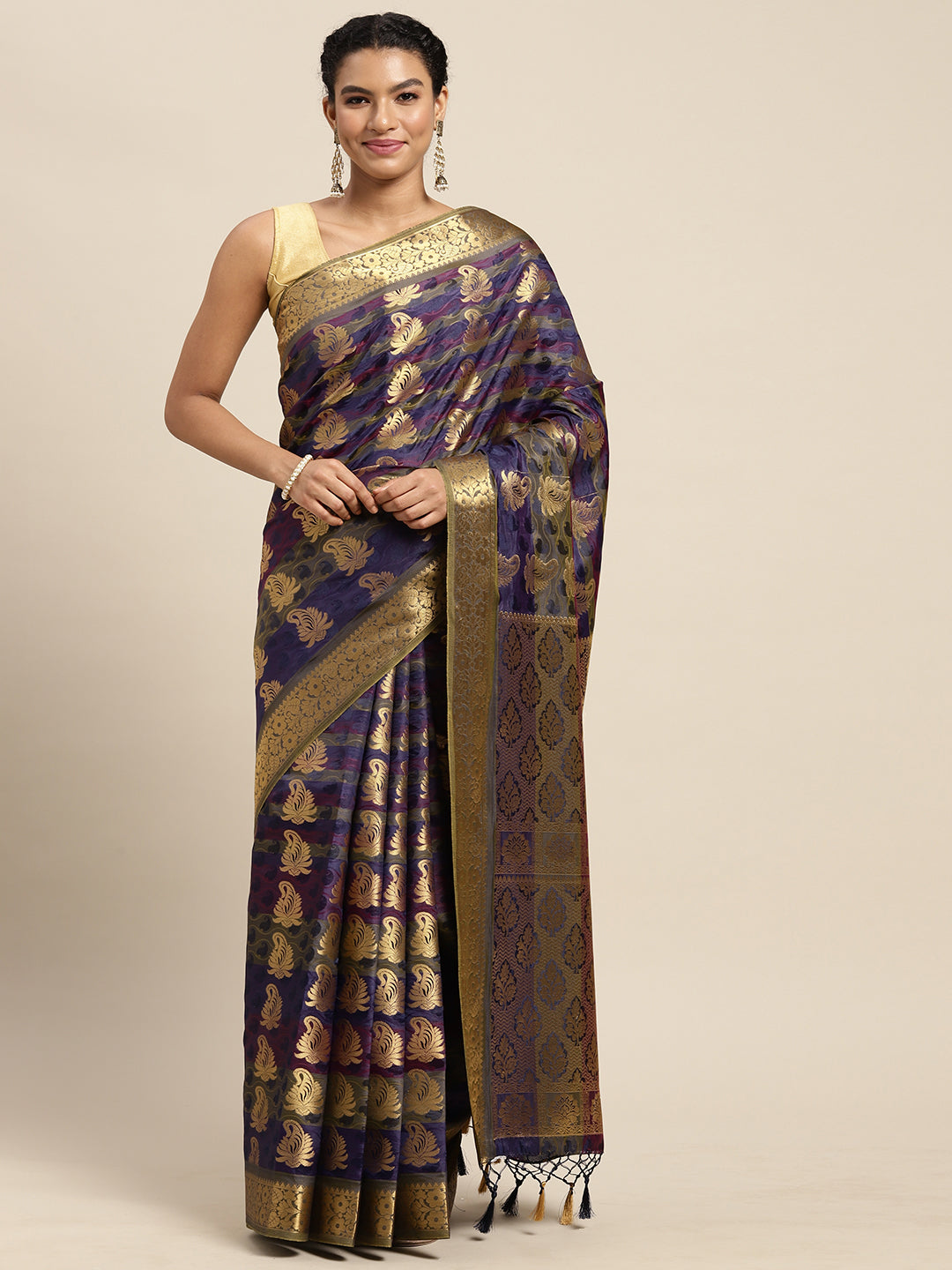 Mimosa Womens Art Silk Saree Kanjivaram Navy Blue Color