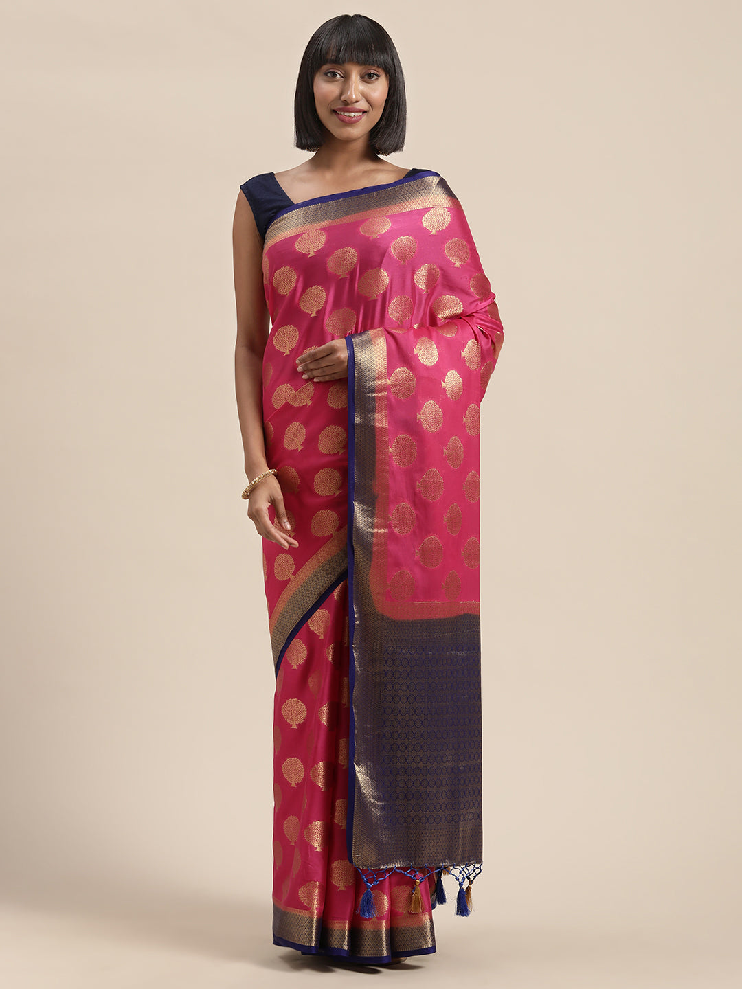 Mimosa Womens Crepe Saree Mysore Silk Strawberry Color