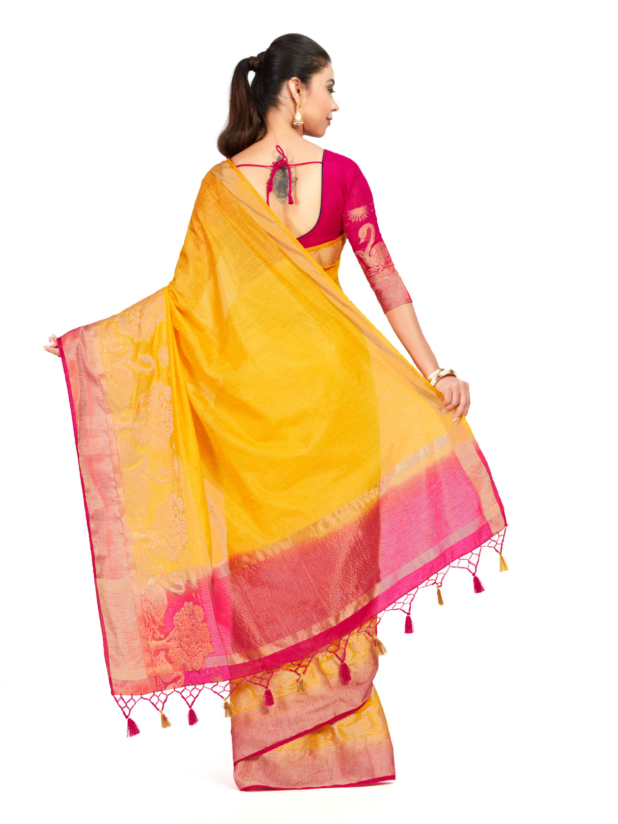 Mimosa Womens Linen Saree Kanjivaram style Gold Color