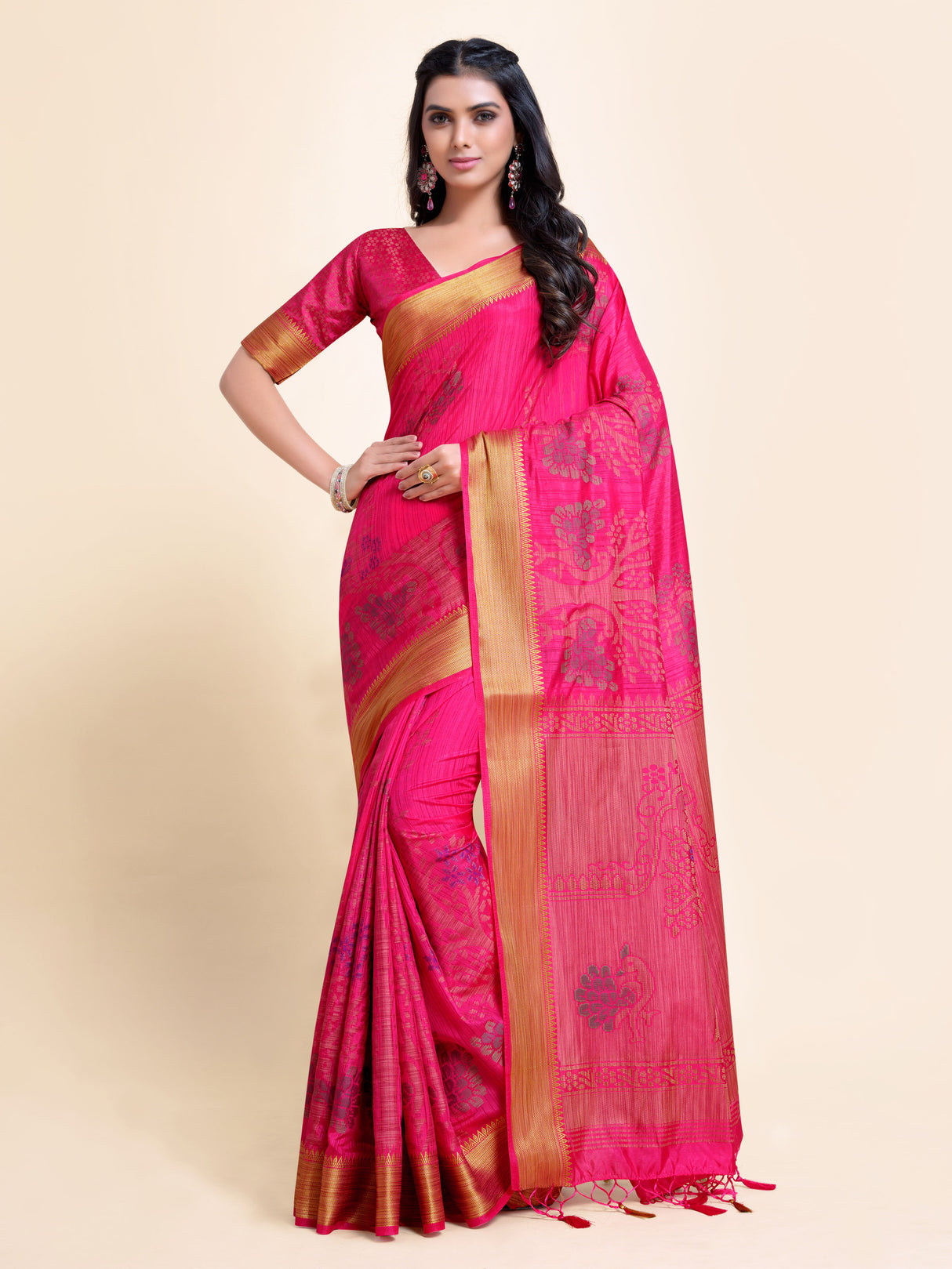 Mimosa Womens Art Silk Saree Kanjivaram style Strawberry Color