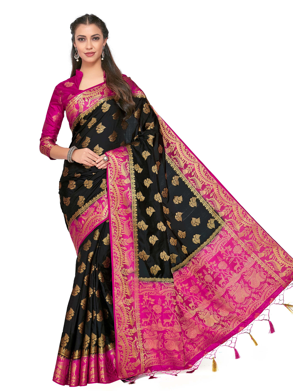 Mimosa Womens Art Silk Saree Kanjivaram Black Color