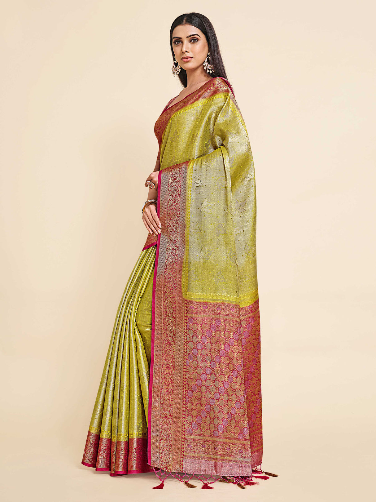 Mimosa Womens Art Silk Saree Kanjivaram Yellow Color