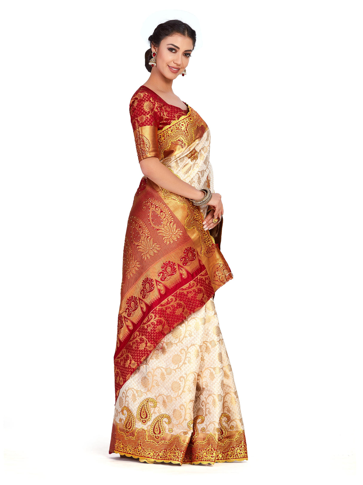 Mimosa Womens Art Silk Saree Kanjivaram Halfwhite Color