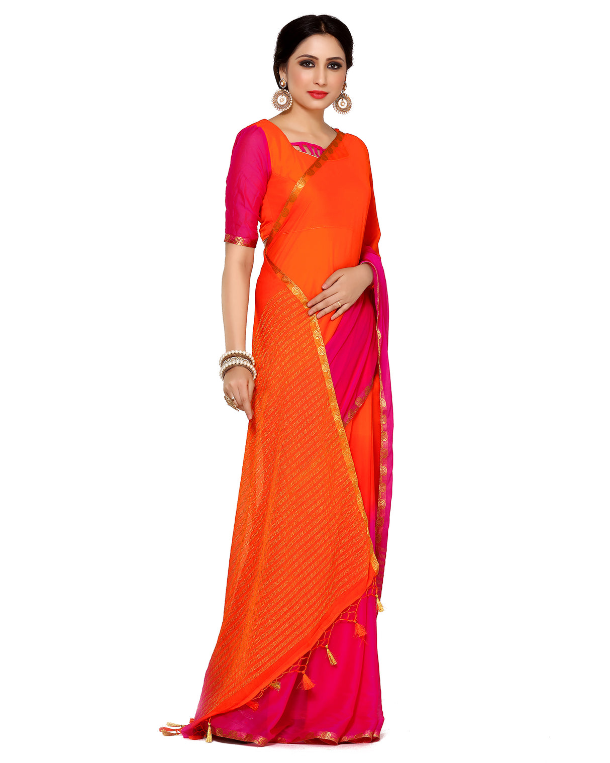 Mimosa Womens Chiffon Saree Kanjivaram Orange Color