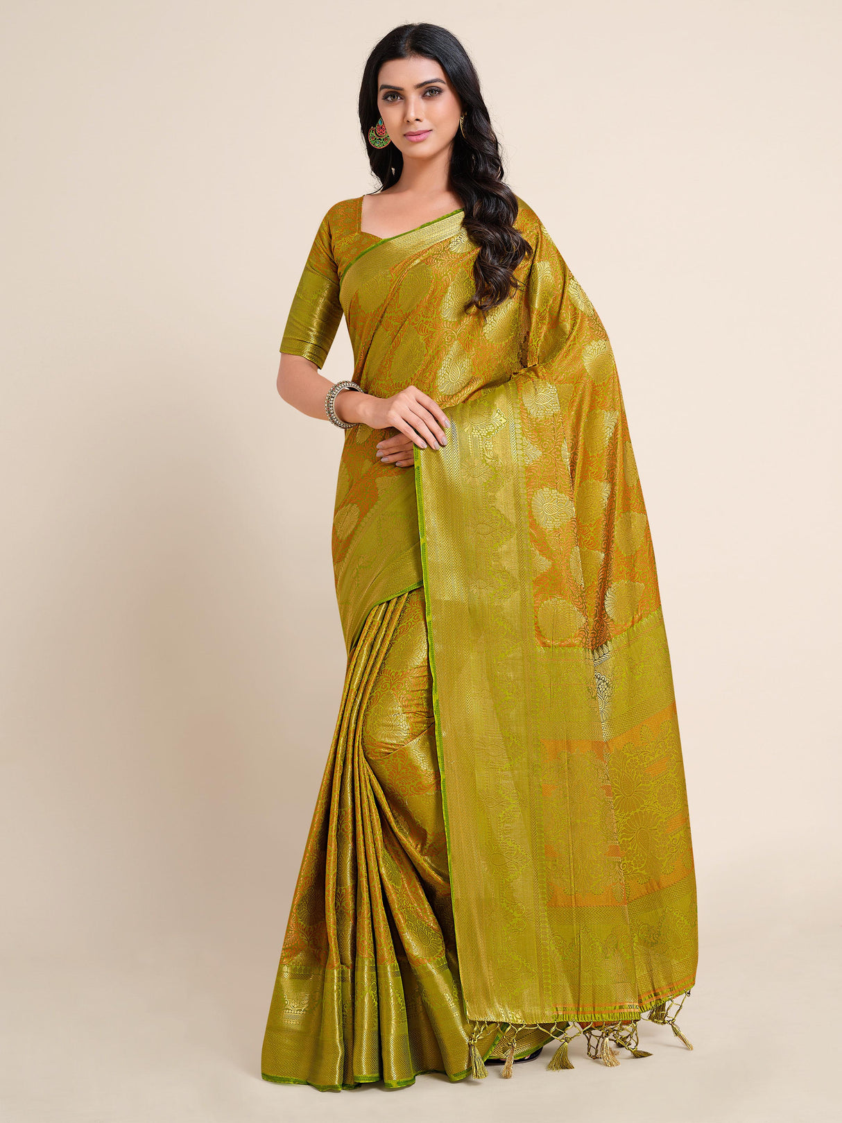 Mimosa Womens Art Silk Saree Kanjivaram Olive Color