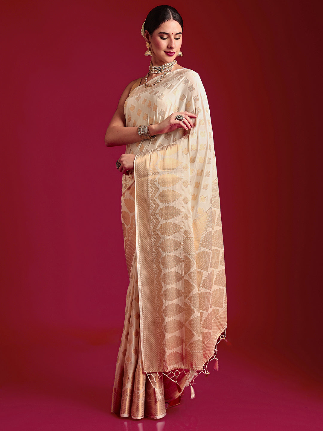 Mimosa Women's Woven Design Kasavu Crepe Saree With Blouse Piece : SA00001179CRFREE