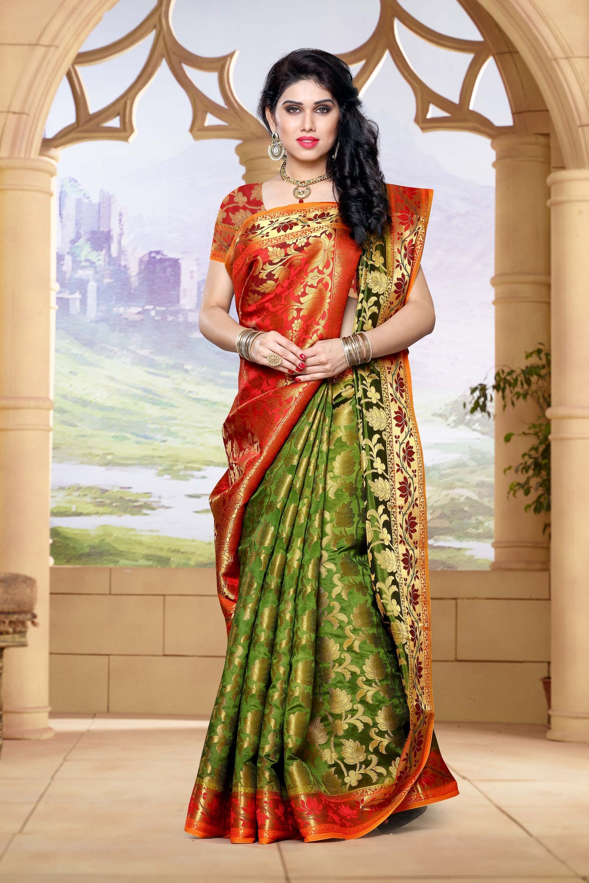 Mimosa Womens Art Silk Saree Kanjivaram Olive Color