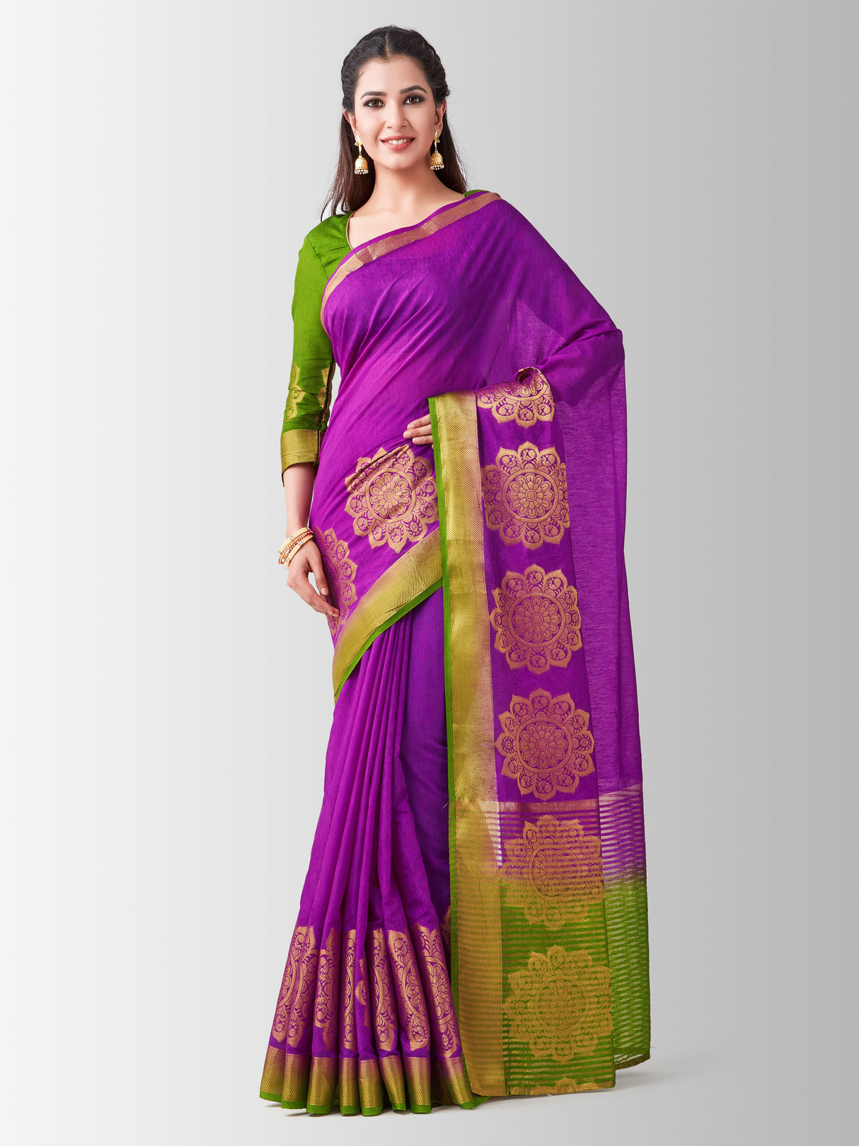 Mimosa Womens Linen Saree Kanjivaram style Mejanta Color