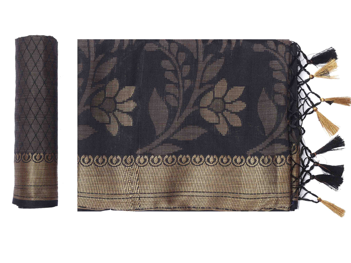 Mimosa Womens Art Silk Saree Kanjivaram Black Color