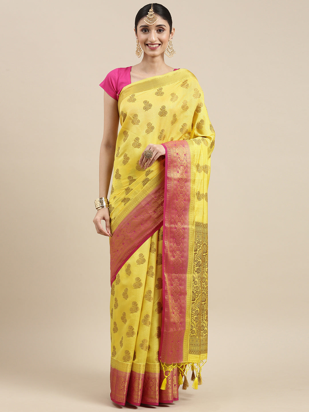 Mimosa Womens Art Silk Saree Kanjivaram Yellow Color