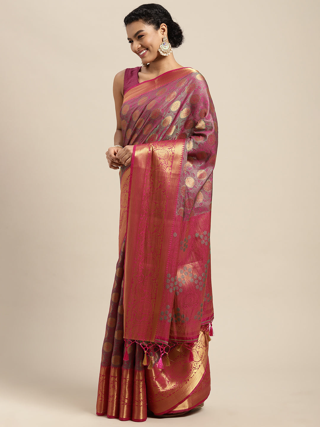 Mimosa Womens Art Silk Saree Kanjivaram Rani Color