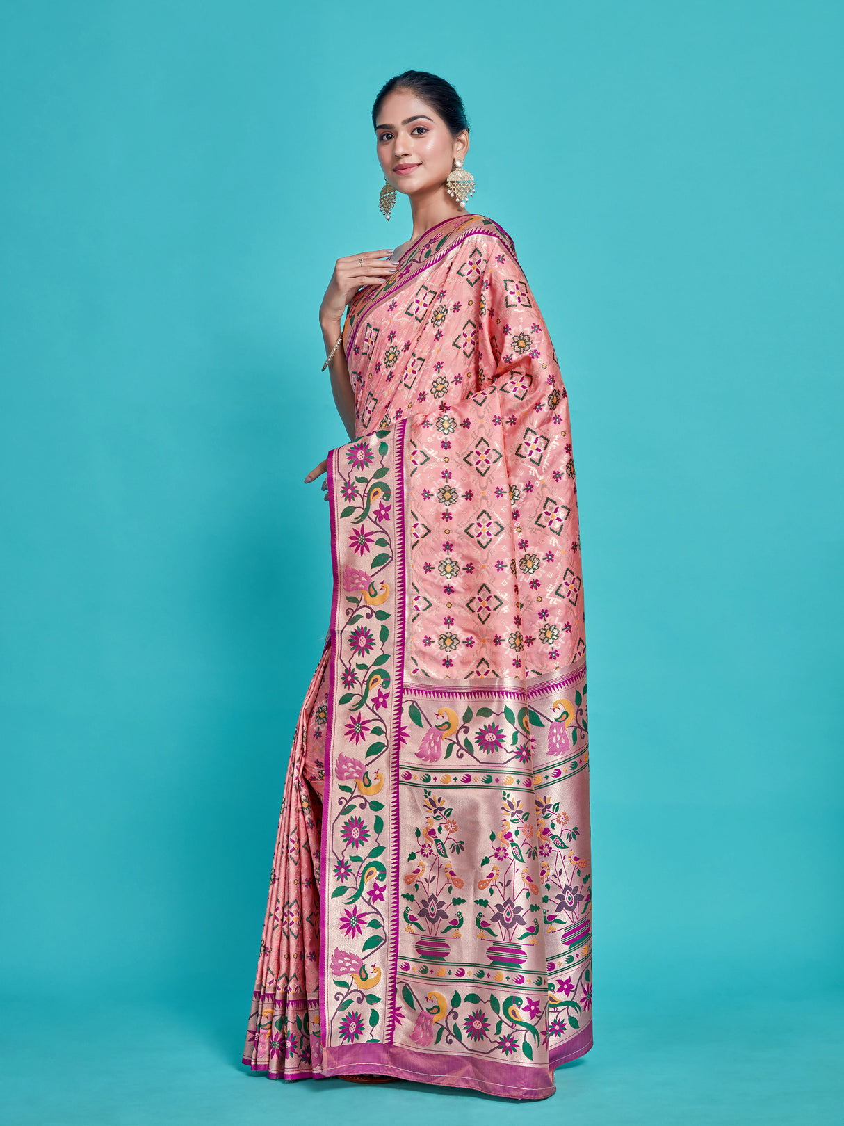 Mimosa Women's Woven Design Patola Style Art Silk Saree With Blouse Piece : SA00001379PNKFREE