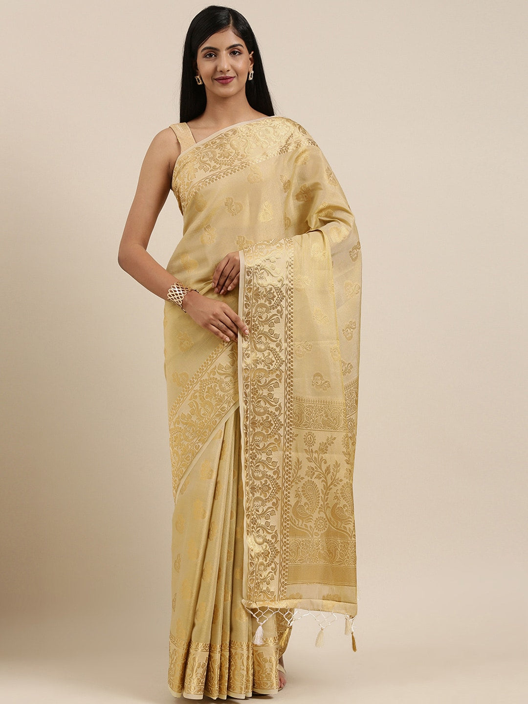 Mimosa Womens Art Silk Saree Kanjivaram Cream Color