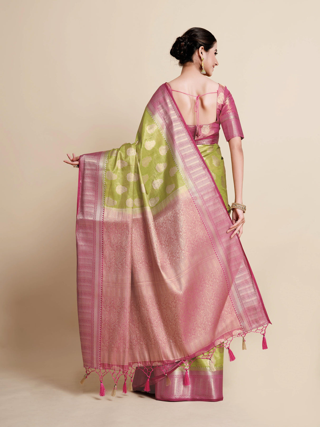 Mimosa Womens Art Silk Saree Kanjivaram Olive Color