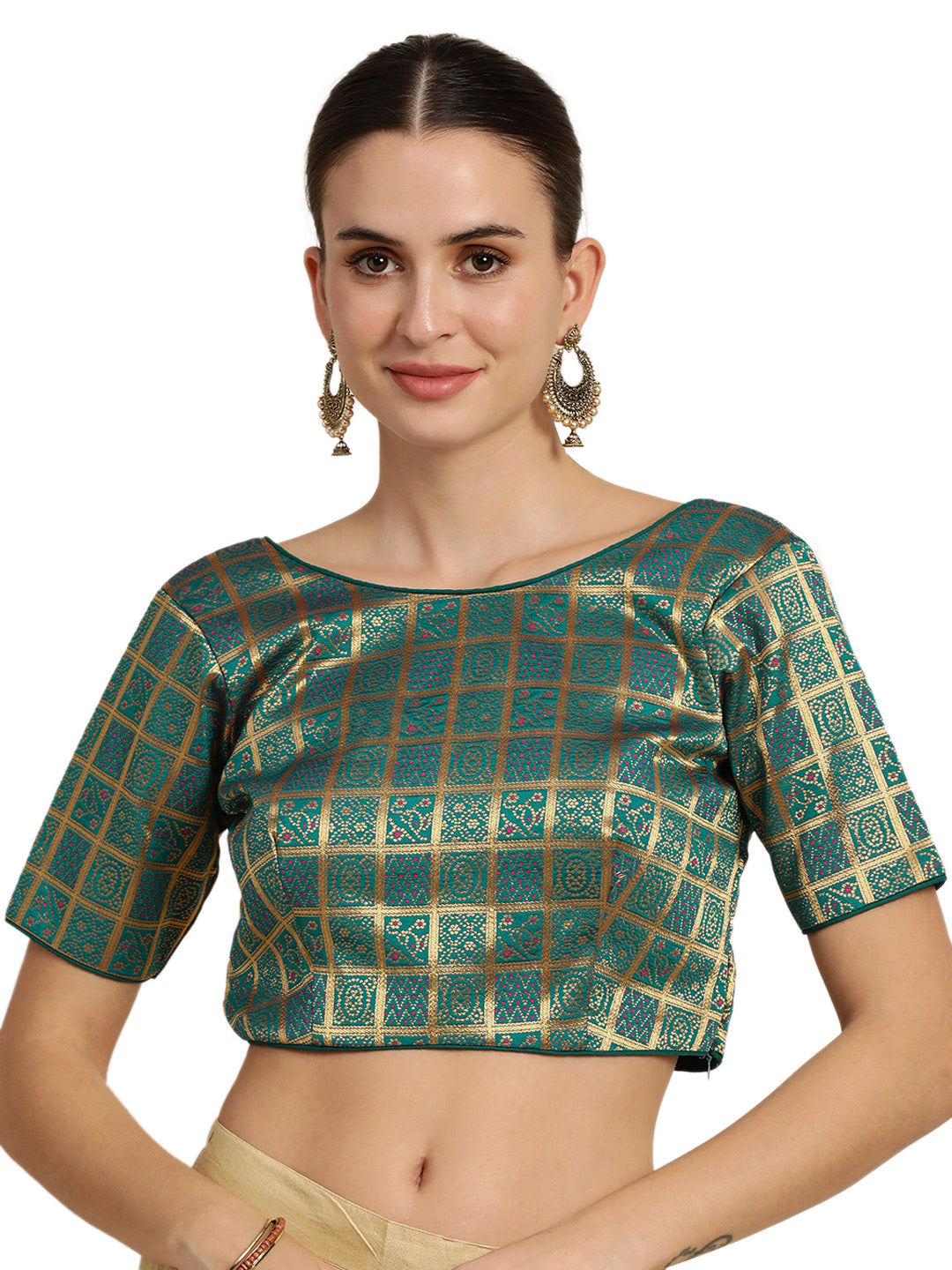 Mimosa Women Teal Green & Golden Woven Design Readymade Saree Blouse