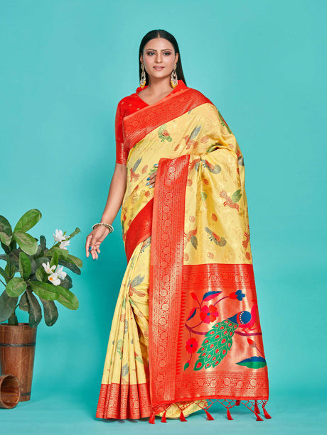 Mimosa Women's Woven Design Banarasi Lenin Saree With Blouse Piece : SA00001281YLWFREE