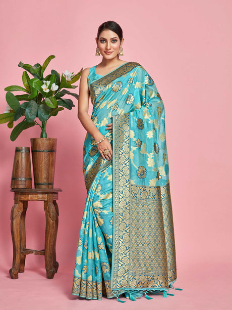 Mimosa Women's Woven Design Banarasi Linen Saree With Blouse Piece : SA00001273SFFREE