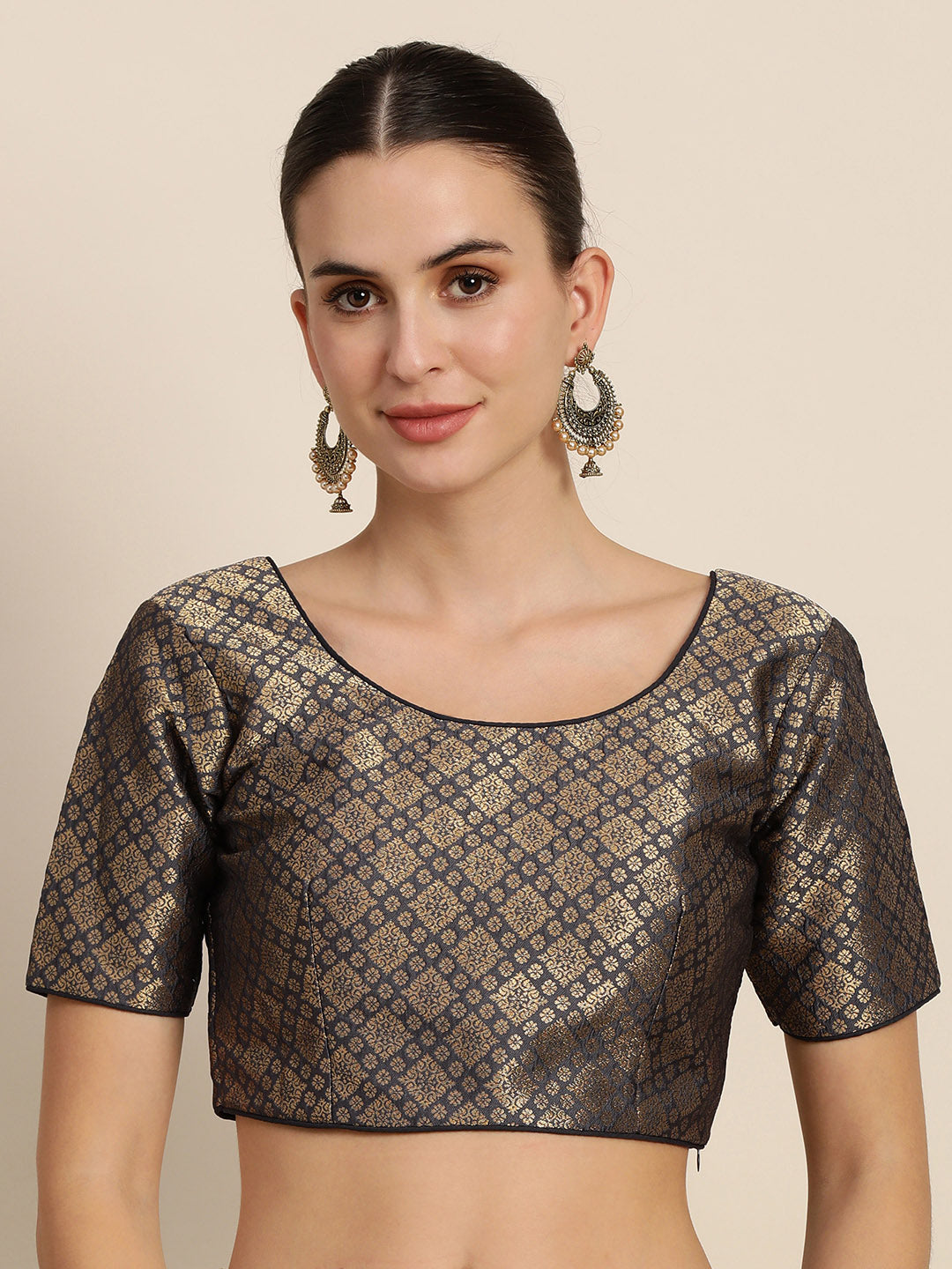 Mimosa Women Grey & Golden Woven Design Readymade Saree Blouse