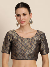 Mimosa Women Grey & Golden Woven Design Readymade Saree Blouse