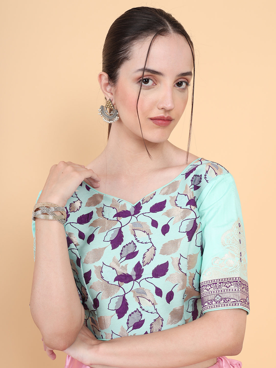 Mimosa Turquoise Blue Woven Design Readymade Blouse