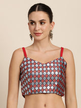 Mimosa Women Silver & Red Woven Design Readymade Saree Blouse