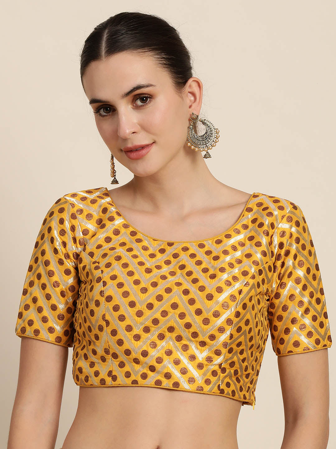Mimosa Women Mustard Yellow & Golden Woven Design Readymade Saree Blouse