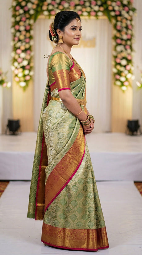 MIMOSA Women's Woven Design Kanjivaram Style Art Silk Saree with Blouse Piece - Green (SA00002446GRNFREE)