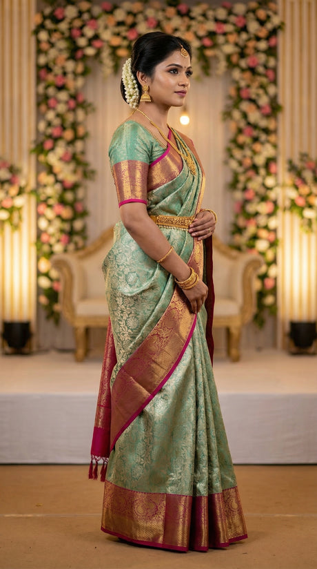 MIMOSA Women's Woven Design Kanjivaram Style Art Silk Saree with Blouse Piece - Rama (SA00002446RMFREE)