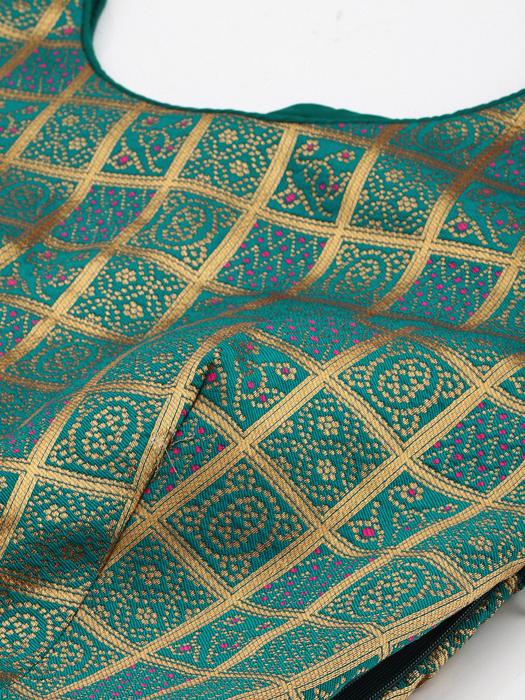 Mimosa Women Teal Green & Golden Woven Design Readymade Saree Blouse