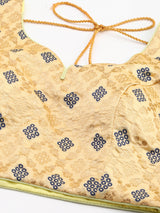 Mimosa Women Beige & Blue Woven Design Readymade Saree Blouse