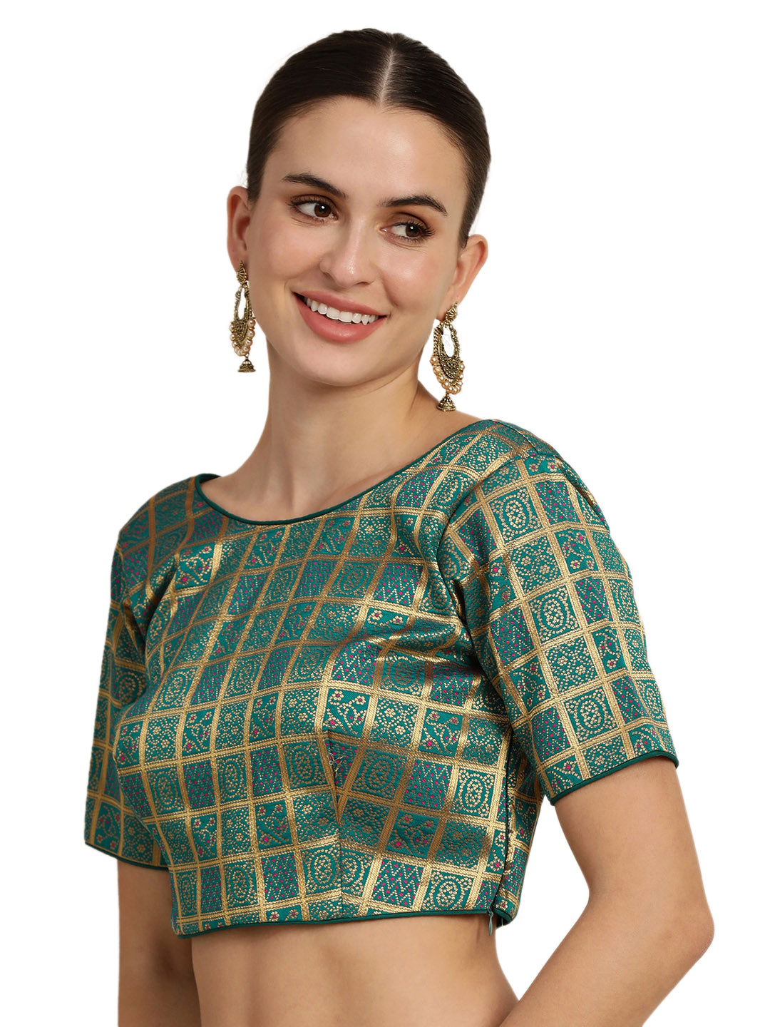 Mimosa Women Teal Green & Golden Woven Design Readymade Saree Blouse
