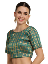 Mimosa Women Teal Green & Golden Woven Design Readymade Saree Blouse