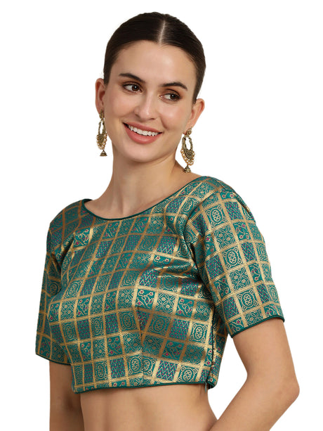 Mimosa Women Teal Green & Golden Woven Design Readymade Saree Blouse
