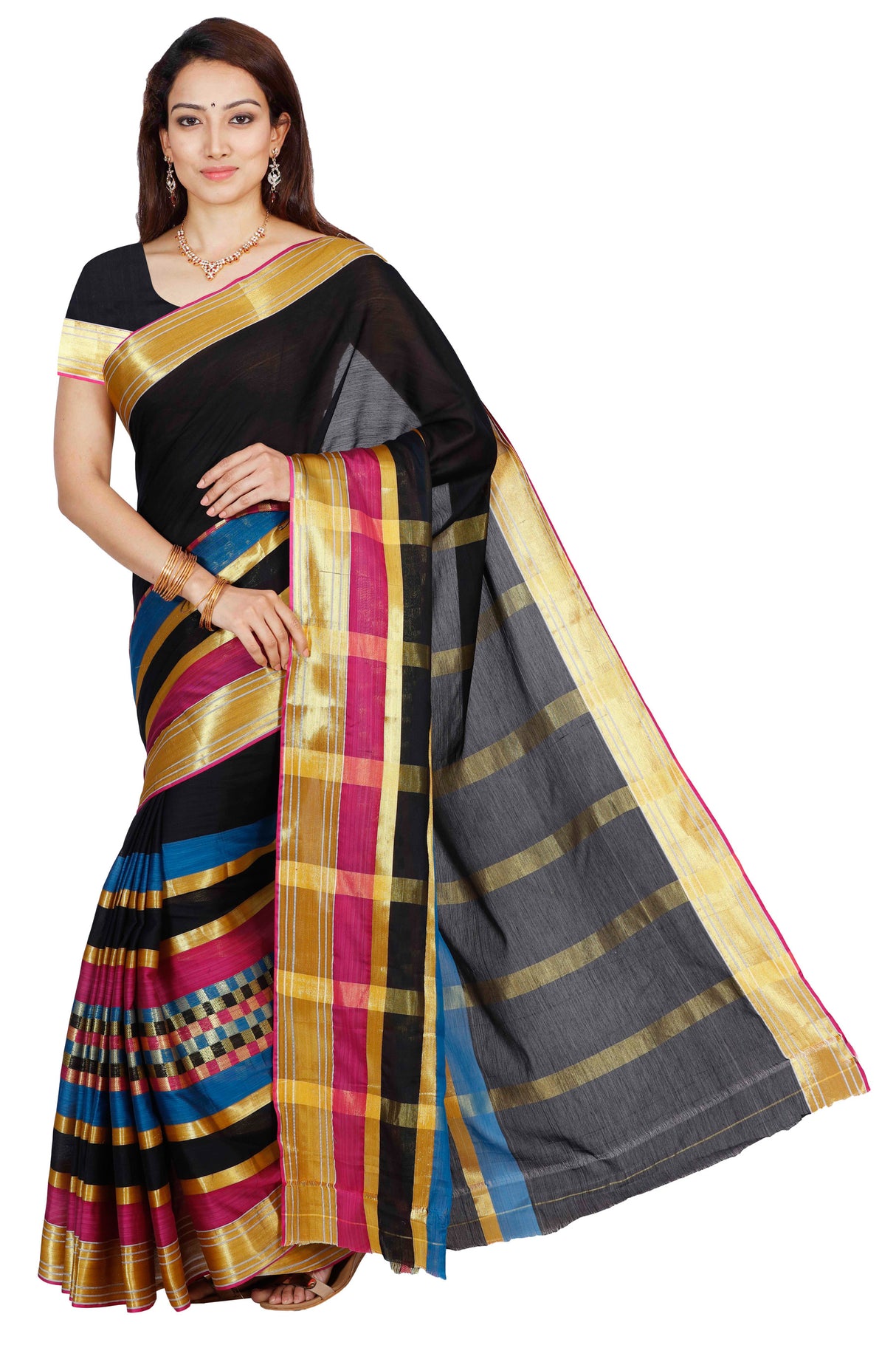 Mimosa Womens Cotton Saree Kanjivaram style Multi Color