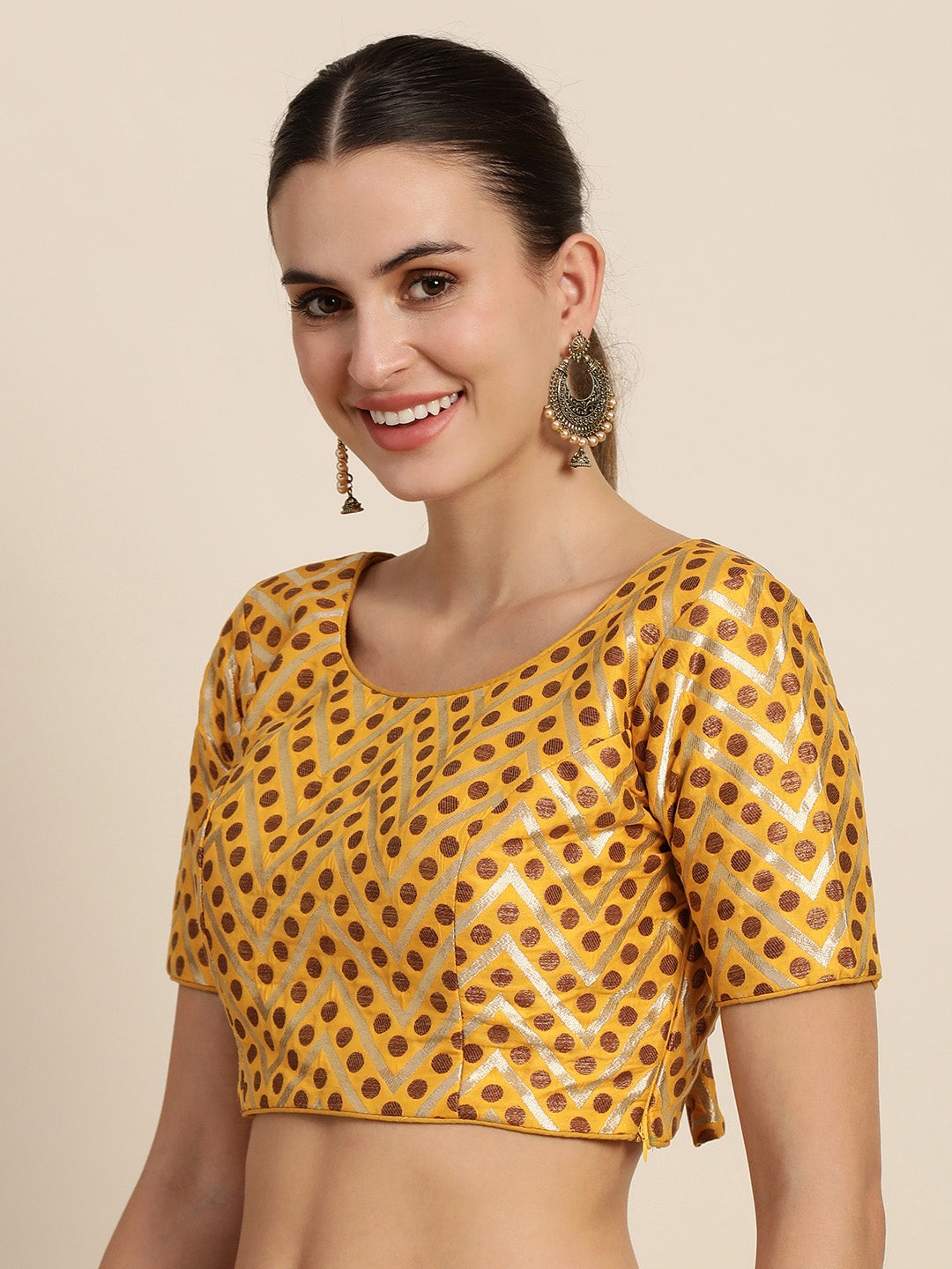 Mimosa Women Mustard Yellow & Golden Woven Design Readymade Saree Blouse