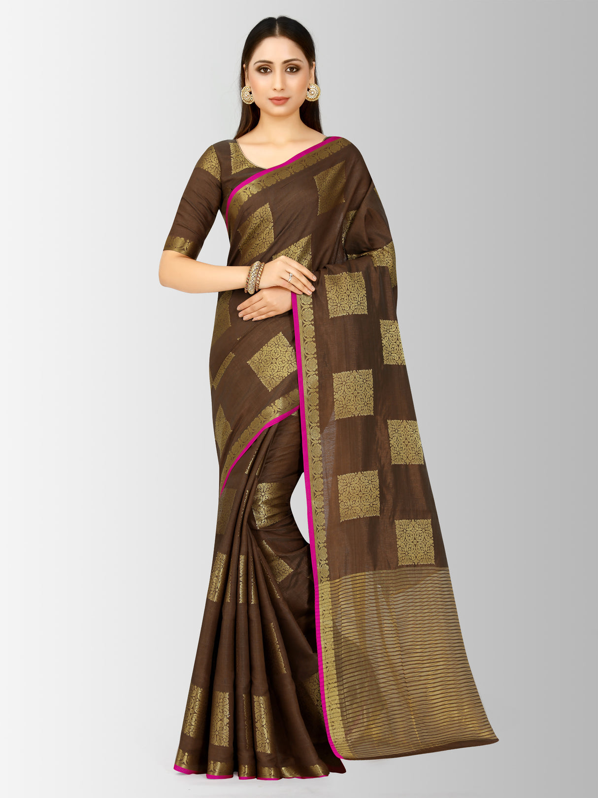 Mimosa Womens Tussar Silk Saree Kanjivaram style Brown Color