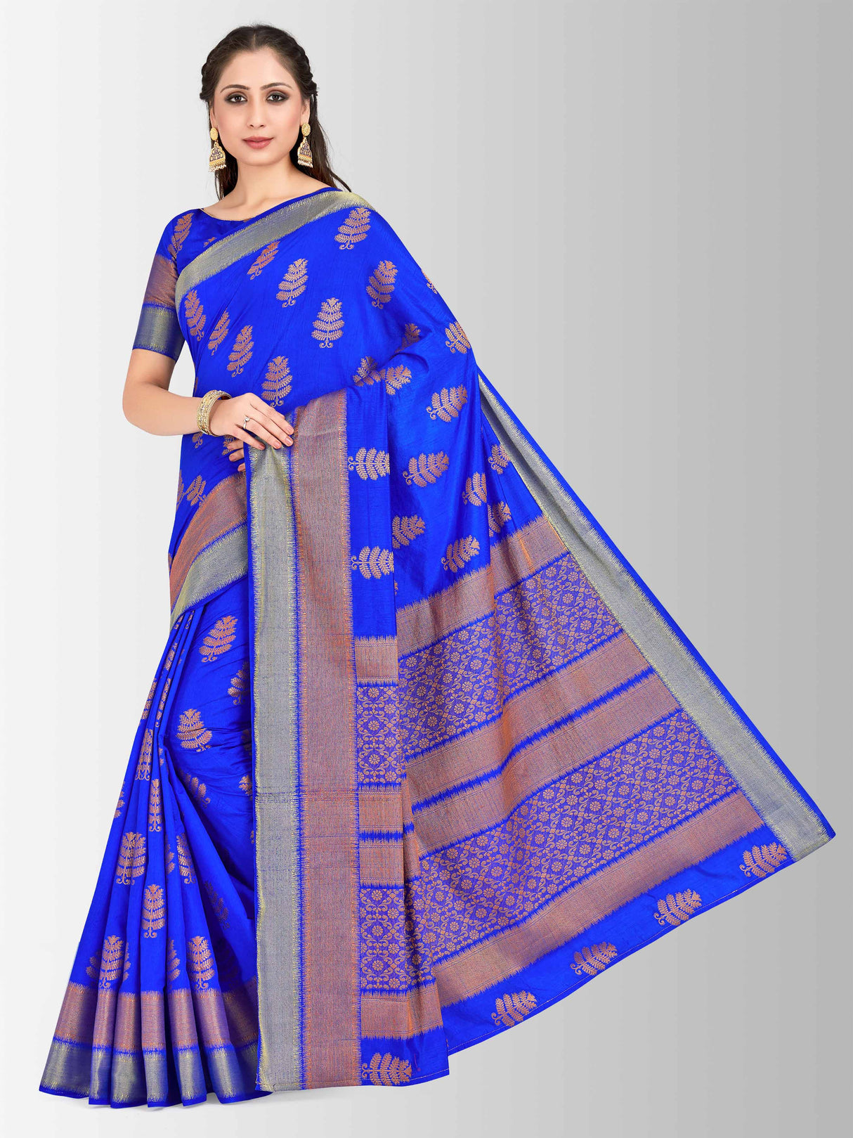 Mimosa Womens Tussar Silk Saree Banarasi style Royal Blue Color