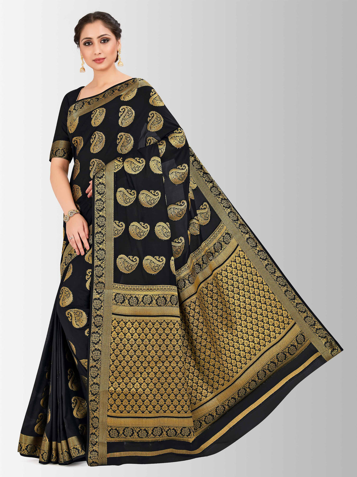 Mimosa Womens Crepe Saree Mysore Silk Black Color