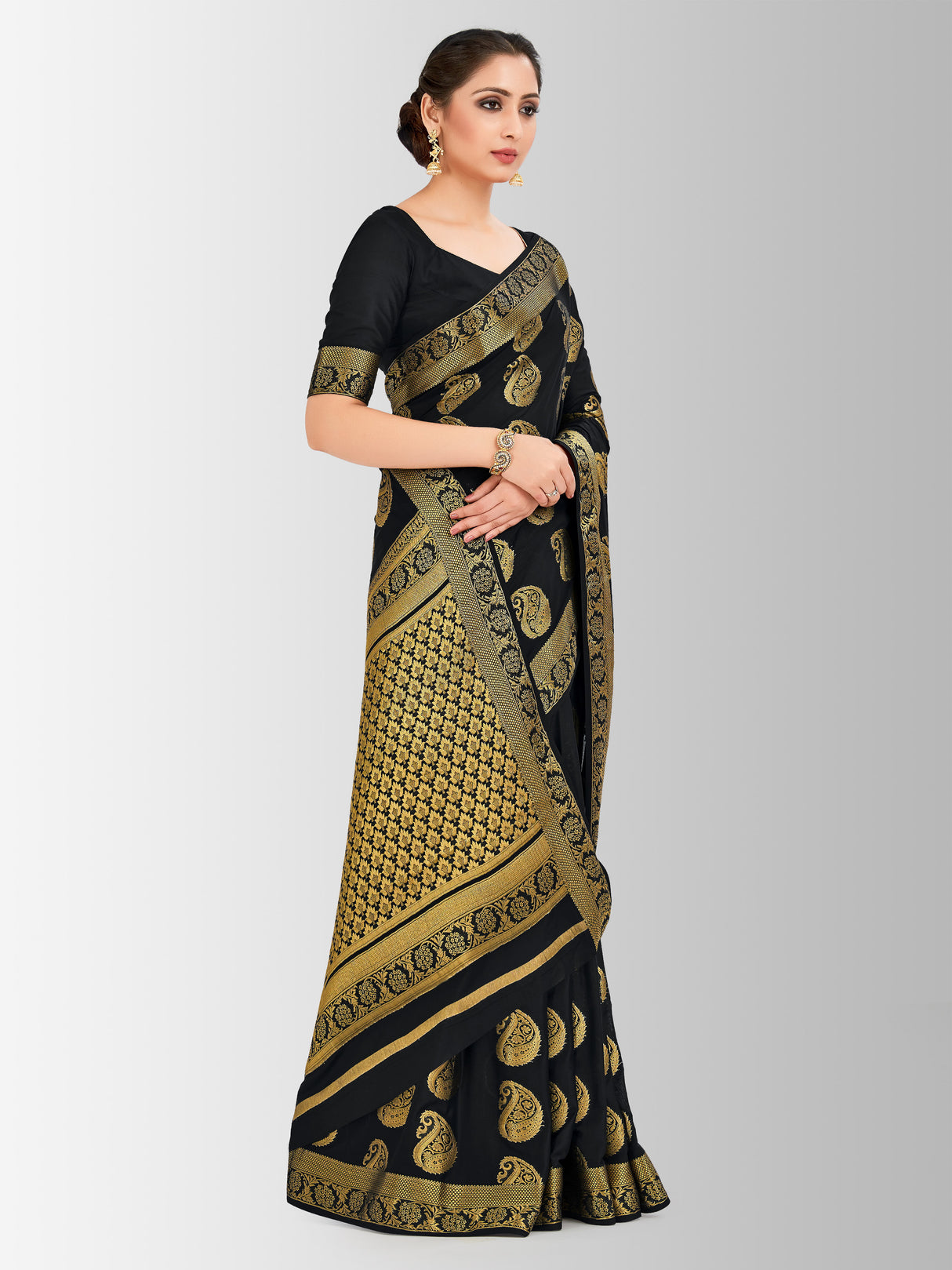 Mimosa Womens Crepe Saree Mysore Silk Black Color