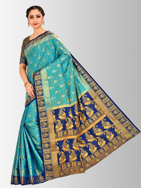 Mimosa Womens Art Silk Saree Kanjivaram Saffire Color